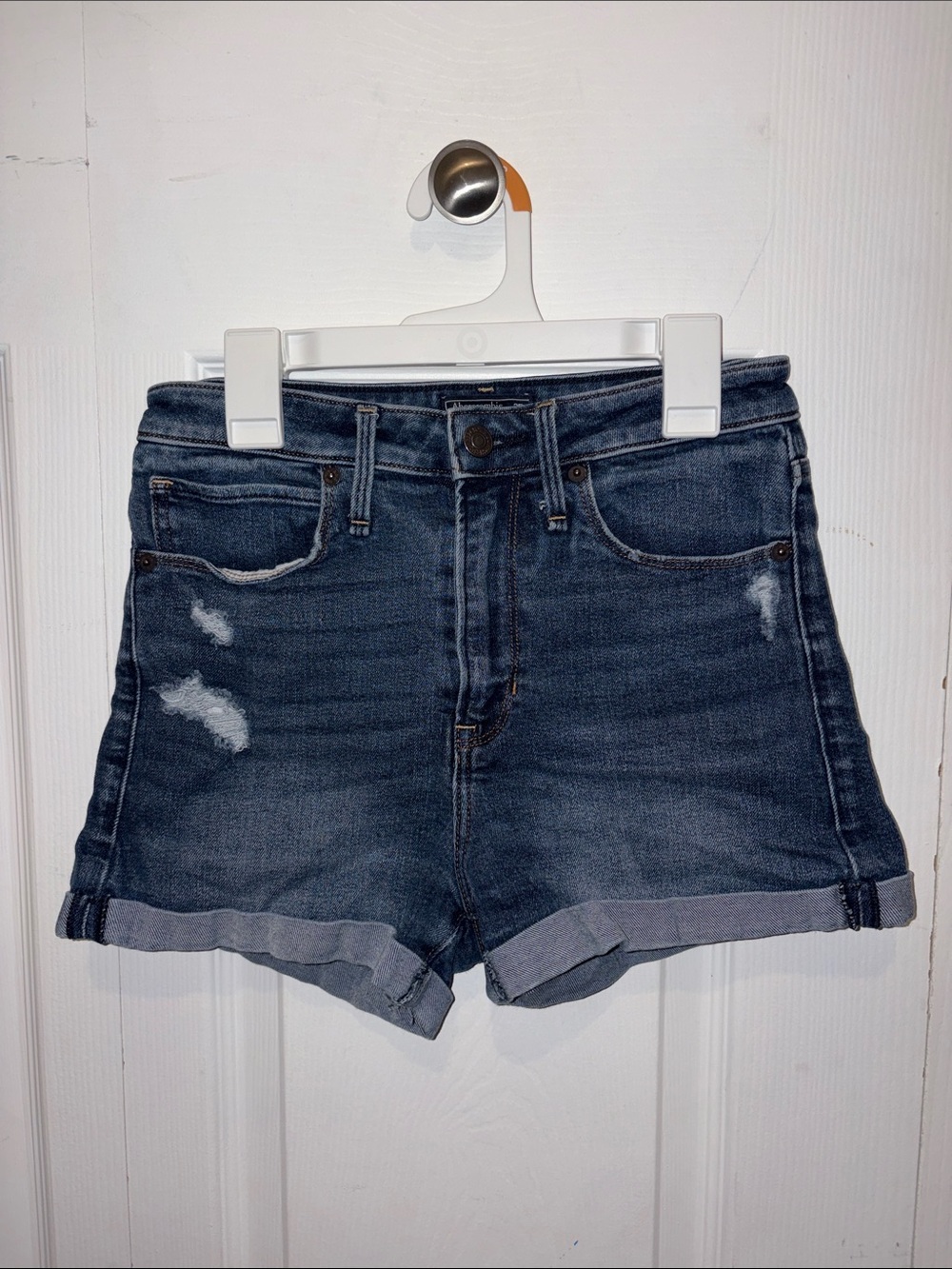 Abercrombie & Fitch Medium Blue Distressed Rolled Cuff Jean Shorts